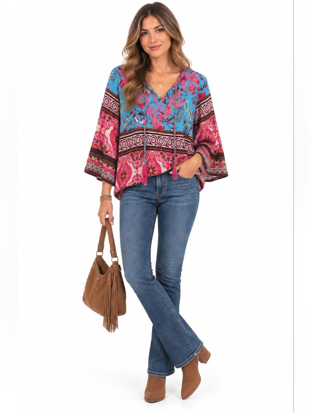 AZIZA Boho Floral Peasant Top Size S Blue Pink Tassel Tie Bell Sleeve Festival
